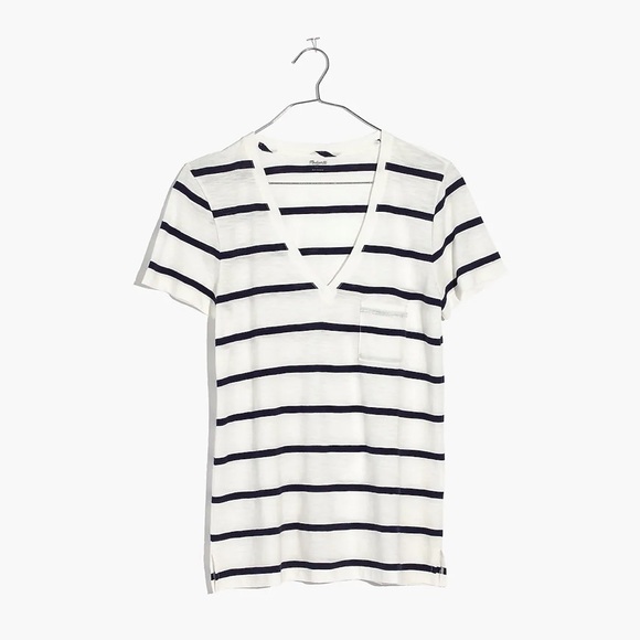 Madewell Cotton V-Neck Pocket Tee in Creston Stripe - Picture 1 of 4